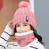 Pink fleece knitted cap with soft scarf for women, girl, ladies, winter, snow, warm, snow and air proof