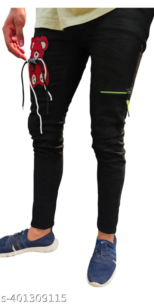 Black denim men's pants with placement print, size 26/28/30 (India)