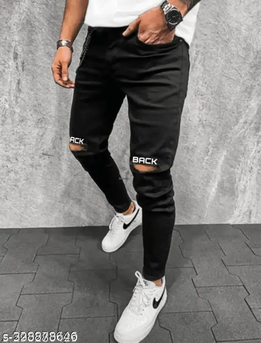 Black denim knee-cut jeans for men by KODO JEANS, 5-star rated Indian brand, solid placement print