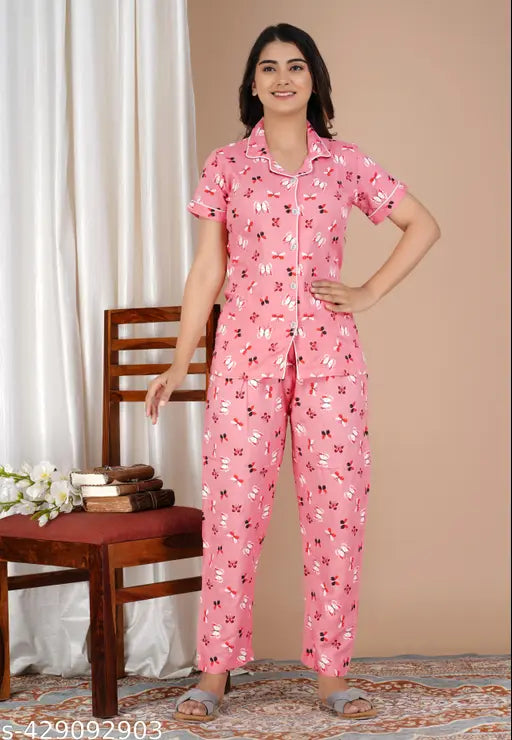 Printed rayon nightsuit women's set with short sleeves, India origin