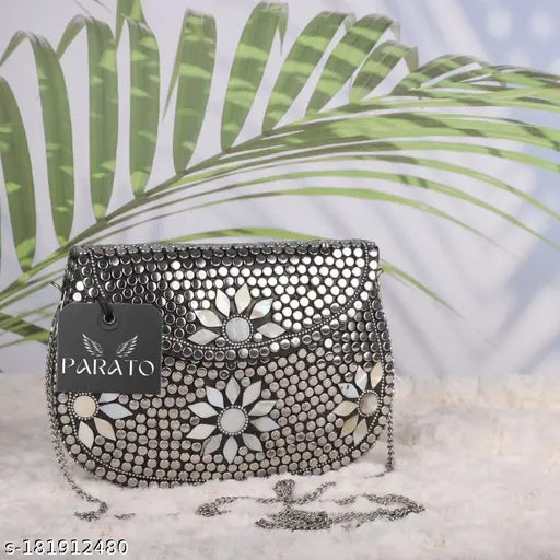 Handmade metal bag with sheep floral design, silver