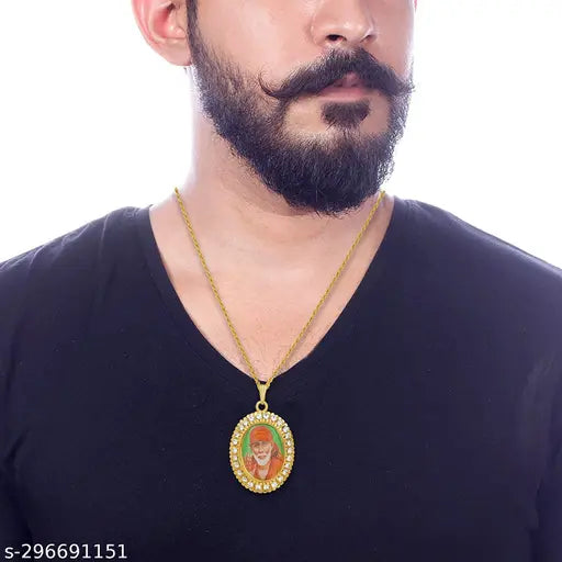 Gold-plated brass Shirdi Sai Baba pendant, 2'' x 1.25'', CZ studded, on a 22" chain