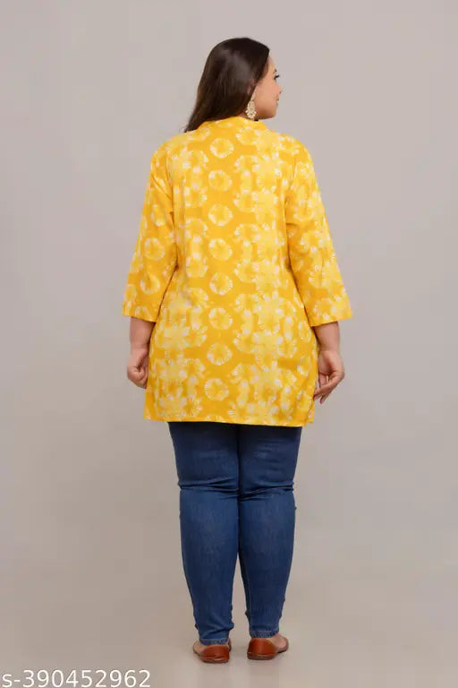 Rayon yellow plus-size short kurti with embroidery, Indian-origin, printed combo