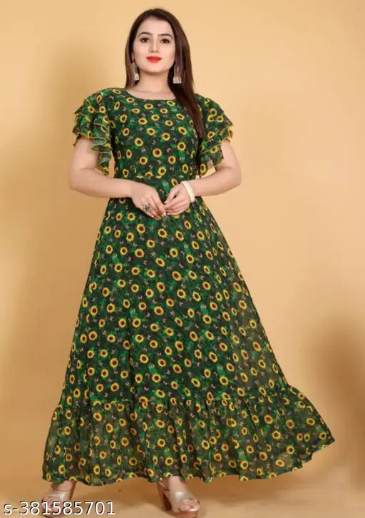 Green Georgette Sonflower Digital Printed Kurti with three-quarter sleeves, fashionable Indian ethnic wear for women