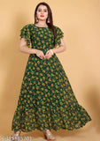 Green Georgette Sonflower Digital Printed Kurti with three-quarter sleeves, fashionable Indian ethnic wear for women