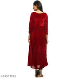 Long, solid red maxi dress with flared skirt