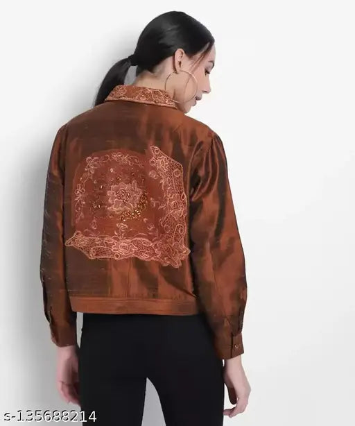 Silk full-sleeve embroidered women's jacket, printed net pattern, long sleeves, size XL (40in bust, 26in length), Indian origin