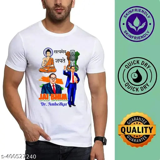 Budh Bhim Rao Ambhedkar Baba Sahib printed polyester t-shirt for men, celebrating Ambethkar Jayanti. Polyester short sleeves t-shirt on hanger