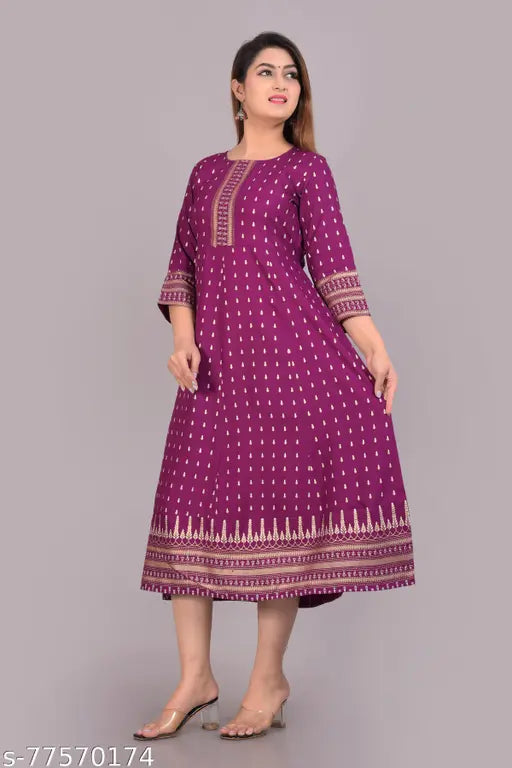 Rayon angrkhi women's printed full length kurta with three-quarter sleeves, featuring vibrant Indian print design