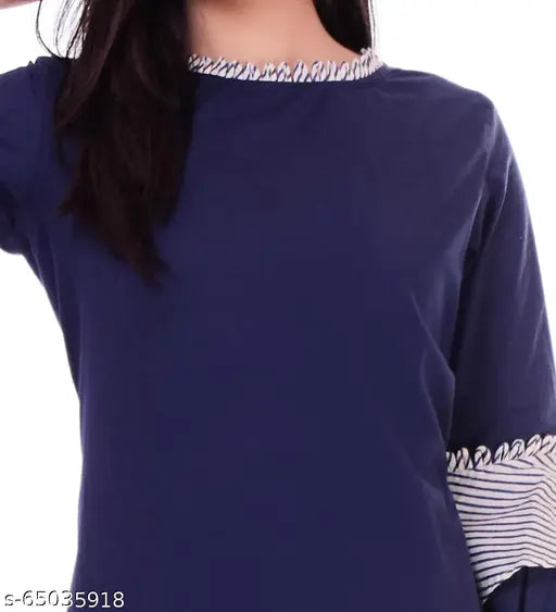 Dark Blue Gold Floral Printed Sanganeri Women's Kurti Set with Palazzo, Cotton fabric for partywear/officewear, three-quarter sleeves, made in India