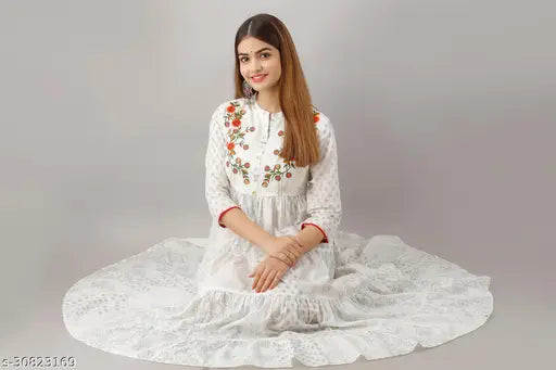 Cotton Cambric printed Anarkali kurti for women, three-quarter sleeves, S size (bust 36in, length 49in), Indian fashion