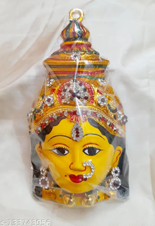 Ceramic Vara Mahalakshmi God Idol, rich yellow and fully decorated with embedded jewelry, 10x2x3 inches, Indian origin