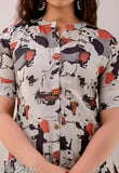 Cotton blend magic print kurti for women, short sleeves, vibrant Indian design [M: 38in bust, L: 40in bust, XL: 42in bust, XXL: 44in bust]