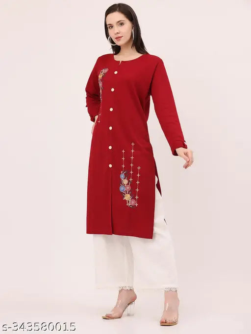 Red wool women's kurta with embroidery pattern