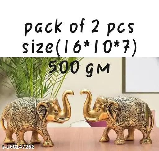 Gold-plated metal Laxmi and Ganesh elephant pair, decorative showpiece for puja, Indian craftsmanship, 16cm high, 250g each