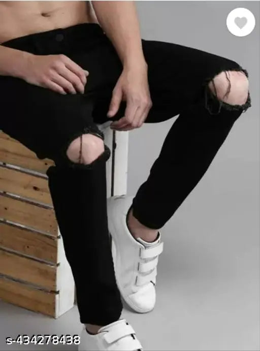 Trendy black Lycra men's jeans by Shubham Garments, damage style with comfortable fit and stylish look, size 28/30/32/34 (W28 L40 H32, W30 L40 H34, W32 L40 H36, W34 L40 H38)
