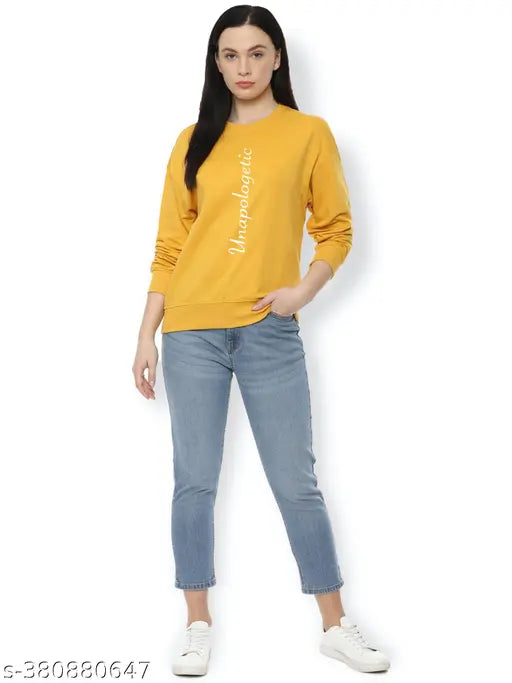 Cotton blend full sleeve yellow winter sweatshirt for girls, vibrant and cozy fleece round neck design for cool days, easy care and versatile wardrobe essential