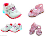 Pink LED leather shoes and floral print sandals combo for kids festive season, featuring long-lasting LED lights and good quality velcro. Available in sizes: 3.5-4 Years, 6 Months, 18-21 Months, 12-15 Months, 4-4.5 Years, 6-9 Months, 2-2.5 Years, 4.5-5 Years, 15-18 Months, 9-12 Months, 21-24 Months, 3-3.5 Years, 2.5-3 Years. Made in India
