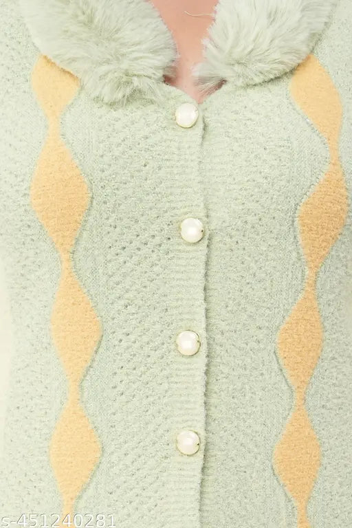 FRANKFURT Women Ladies Girls Winter Wear Acrylic Fur Neck Buttoned Closure Stylish Party Woolen Winter Wear Pista Cardigan Sweater