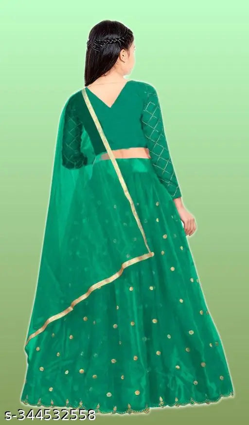 Embroidered semi-stitched silk blend lehenga choli and net dupatta set, three-quarter sleeves, party wear or wedding wear, free size (42 in waist, 42 in length, 2 in dupatta length), India origin