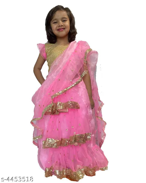 Ethnic Banglori silk kids' Lehenga Choli sets, stitched net, solid pattern, Indian party wear