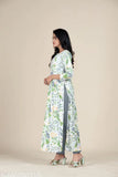 Long cotton naira cut kameez with gota lace details, 3/4 length sleeves, front zipper closure, casual style