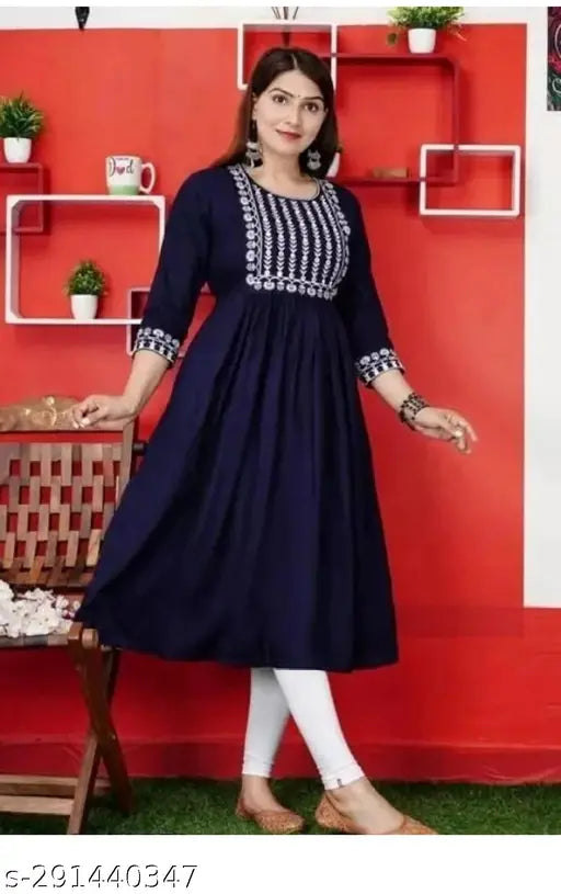 Rayon Anarkali embroidered kurta, three-quarter sleeves in L, XL, XXL for women's casual wear. Indian craftsmanship, comfortable and stylish