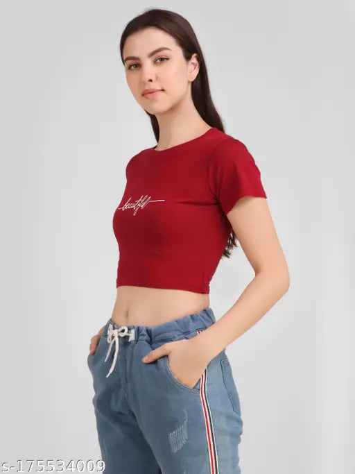 Maroon cotton blend flying pigeon printed round neck t-shirt for women, stylish wardrobe basic with short sleeves and versatile look