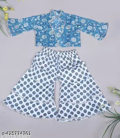 Cotton floral printed kids sharara set, multi-colored top & shorts for casual playdates & family gatherings