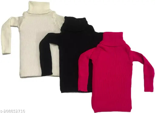 Woolen 3-pack highneck sweaters for kids, soft and skin-friendly in solid colors: black, pink, white, blue, beige, yellow. Suitable for newborn to 3 years. Indian origin