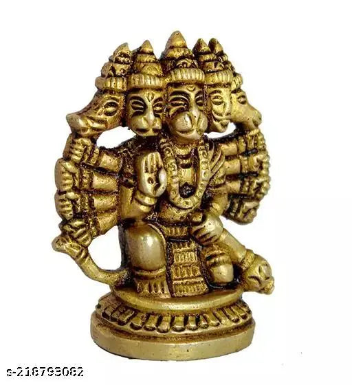 Golden brass idol of Lord Hanuman, statue with five faces, two weapons, and divine attire