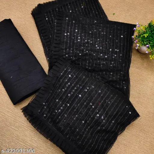 Teal blue net embroidered sequence work saree with unstitched dupion silk blouse piece, handcrafted by Indian skill craftsmen