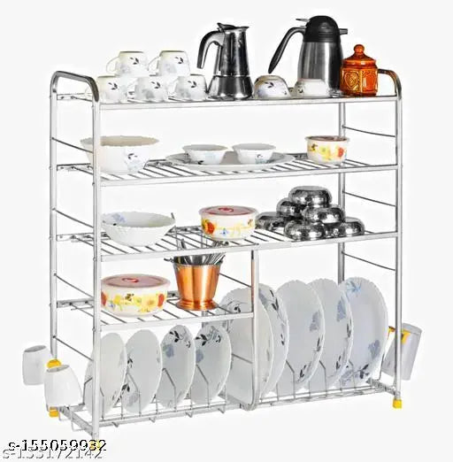Stainless steel kitchen rack with 5 shelves, accommodating a variety of dishes and utensils