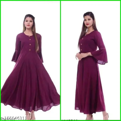 Purple women's solid flared kameez with long sleeves and traditional button closure