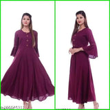Purple women's solid flared kameez with long sleeves and traditional button closure