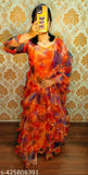 Printed Georgette gown with three-quarter sleeves, vibrant floral pattern, stylish eveningwear from Indian design collection