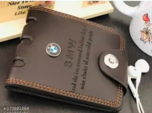Brown BMW LOGO faux leather wallet with 3 compartments, solid pattern, upgraded free size
