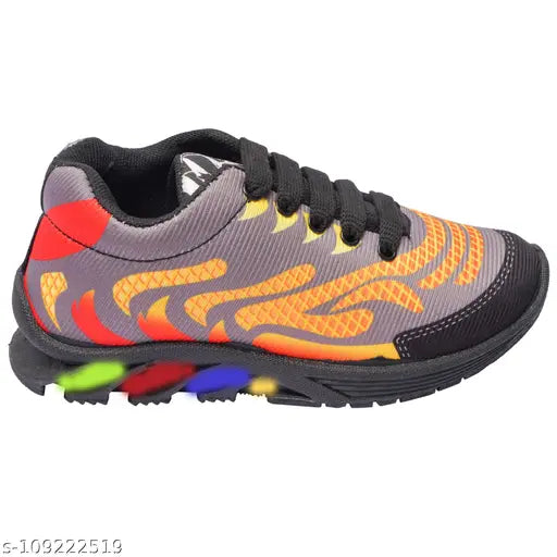 Bouncy boys and girls LED leight Indian walking shoes 5-13 years, colorful design with red, yellow, blue, green, black, and white accents