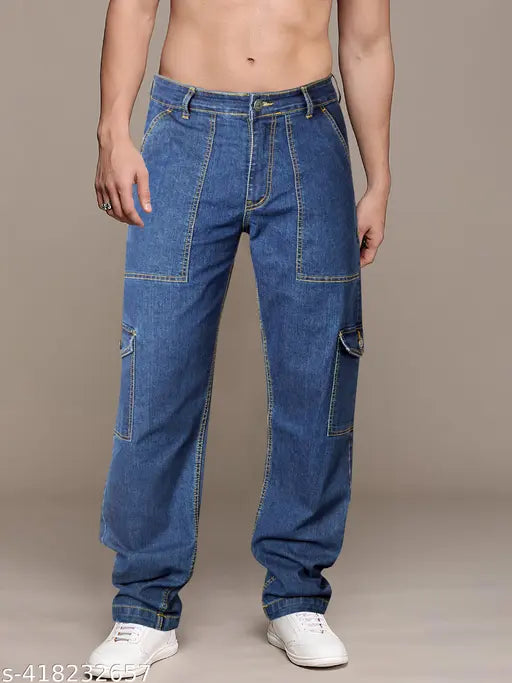 Black cotton-blend men's baggy dark blue jeans for everyday comfort and style. Upgrade your look with these functional cargo jeans from India