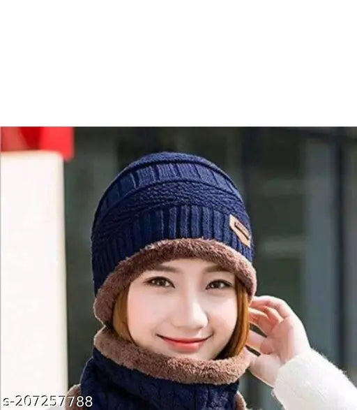 Blue beanie cap with brown fur trim