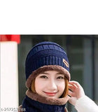 Blue beanie cap with brown fur trim