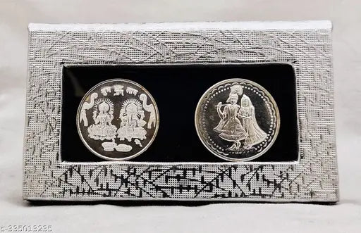 Silver-plated Laxmi Ganesh & Radha Krishan coins (10g each, Diwali gift), German silver, pack of 1. Dimensions: 8cm x 2cm x 5cm. Diameter 3cm, depth 0.2cm
