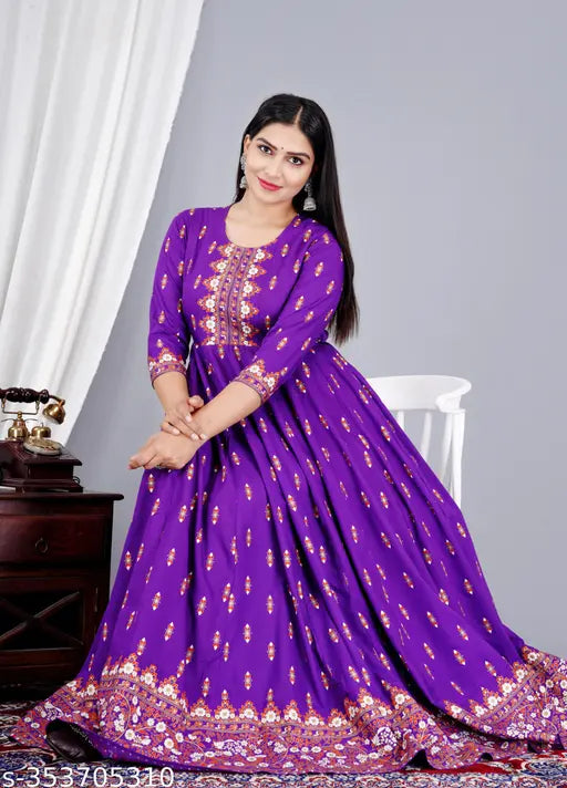Vibrant purple viscose rayon long-tiered kurti with amb printed yoke and tassels, three-quarter sleeves