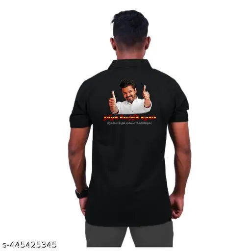 Men's half sleeve Polo TVK Vijay T-Shirt, cotton, short sleeves, printed with Thalapathy Vijay image. Size M, chest size 38 in, length size 27 in, made in India