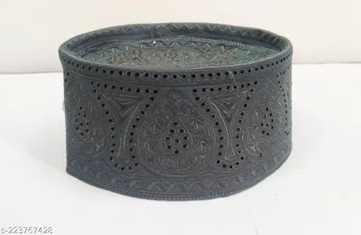 Full grey cotton canvas Islamic cap, traditional barkati topi with embroidered patterns. Country of origin: India