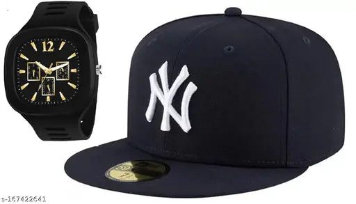 Cotton embroidered baseball cap with square dial analog watch, hip-hop style from India