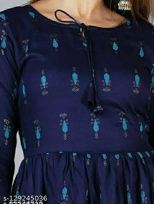 Rayon tunic with three-quarter sleeves, printed pattern, blue color. Women's size XS to XXXXL for trendy ravishing tops