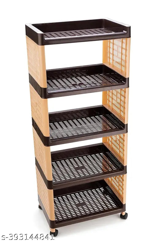 Brown multi-tiered plastic kitchen rack with four wheels and a basket, suitable for storing fruits and vegetables in the kitchen