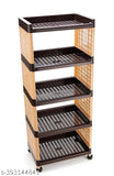 Brown multi-tiered plastic kitchen rack with four wheels and a basket, suitable for storing fruits and vegetables in the kitchen