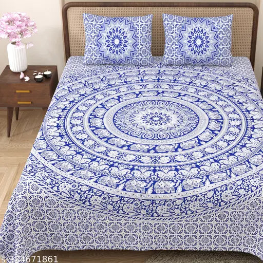 Textile Nation Hand Print 100% Pure Cotton 160 TC Bedsheet for Double Bed Queen Size with 2 Pillow Covers, Bed Sheet Size (90X100 Inches, 7.5 x 8.3 Feet)